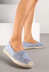 Niebieskie Ażurowe Espadryle Ozdobione Plecionym Sznurkiem Sdivaya. Niebieskie espadryle Born2be, w ażurowe wzory, z jeansu, eleganckie, z okrągłym noskiem, bez obcasa, na płaskiej podeszwie. Za 109.99 zł.