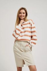 Bluza w paski z bufiastymi rękawami brązowa. Brązowe bluzy MOODO, xl, bez wzorów, bez ramiączek, bez kaptura. W wyprzedaży za 41.99 zł.