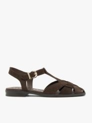 Brązowe sandały ze skóry welurowej. Brązowe sandały Ryłko, bez wzorów, ze skóry, eleganckie, bez obcasa, na płaskiej podeszwie, bez zapięcia. Za 379.99 zł.