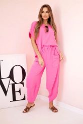 Komplet z wiskozy bluzka + spodnie różowy. Czerwone bluzki KESI, l, bez wzorów, z dresówki, eleganckie, bez kołnierzyka, plus size, bez ramiączek. Za 217.48 zł.