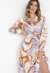 Beżowo-Fioletowa Sukienka Dynaia. Brązowe sukienki Born2be, na imprezę, s, bez wzorów, z materiału, eleganckie, bez kołnierzyka, bez ramiączek, midi, plisowane. Za 189.99 zł.