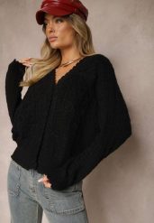 Czarny Kardigan w Stylu Oversize z Guzikami i Ozdobnymi Tłoczeniami Palabia. Czarne swetry Renee, na zimę, bez wzorów, bez ramiączek. W wyprzedaży za 143.99 zł.