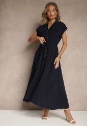 Granatowa Koszulowa Sukienka z Krótkim Rękawem Wiązana w Talii Nalumea. Niebieskie sukienki Renee, na co dzień, m, bez wzorów, eleganckie, bez kołnierzyka, bez ramiączek, maxi, koszulowe. W wyprzedaży za 63.99 zł.
