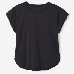 Koszulka fitness damska Domyos krótki rękaw. Fioletowe t-shirty sportowe DOMYOS, l, bez wzorów, z materiału, bez ramiączek, na fitness i siłownię. Za 59.99 zł.