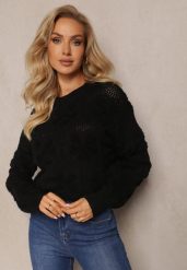 Czarny Sweter z Wełną i Bawełną z Pluszowymi Wstawkami Alrua. Czarne swetry Renee, na zimę, m, bez wzorów, z bawełny, casualowe, bez ramiączek. W wyprzedaży za 79.99 zł.