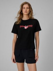4F T-shirt loose z nadrukiem damski - czarny M. Czarne t-shirty 4f, m, bez wzorów, z bawełny, bez kołnierzyka, bez ramiączek. Za 69.99 zł.