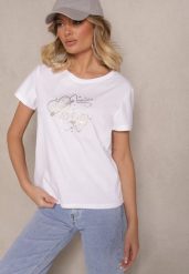 Biały Bawełniany T-shirt z Nadrukiem Serc Nonadriel. Białe t-shirty Renee, m, bez wzorów, z bawełny, klasyczne, bez kołnierzyka, bez ramiączek. W wyprzedaży za 34.99 zł.