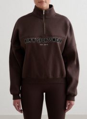 Damska bluza dresowa z półzamkiem, drapana, luźna Varsity czekoladowy brąz. Brązowe bluzy bez kaptura AIM'N, l, bez wzorów, z bawełny, bez kaptura, na fitness i siłownię. Za 339.00 zł.