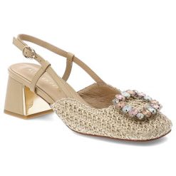 Czółenka damskie Alma En Pena, z zabudowanym przodem wykonane z plecionego materiału osadzone na stabilnym obcasie z regulowanym paskiem wokół kostki. Brązowe czółenka Alma En Pena, z aplikacjami, bez obcasa, bez zapięcia. Za 559.00 zł.