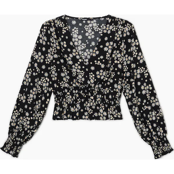 Czarna bluzka w kwiaty - Czarny. Czarne bluzki Cropp, s, bez wzorów, z tkaniny, bez kołnierzyka, bez ramiączek. W wyprzedaży za 59.99 zł.