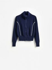 Bluza z wysoką stójką - granatowy. Niebieskie bluzy Reserved, l, bez wzorów, z dzianiny, bez ramiączek, bez kaptura. Za 129.99 zł.