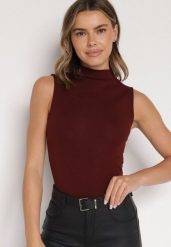 Bordowy Bawełniany Top o Dopasowanym Kroju z Półgolfem Unarisa. Czerwone topy Born2be, m, bez wzorów, z bawełny, klasyczne, bez kołnierzyka, bez ramiączek. Za 59.99 zł.