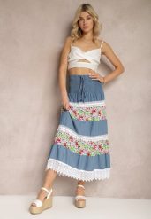 Biało-Niebieska Jeansowa Bawełniana Spódnica High Waist z Gumką w Talii i Ozdobną Koronką Tesaquin. Białe spódnice Renee, l, bez wzorów, z bawełny, maxi. W wyprzedaży za 41.99 zł.