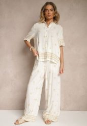 Biało-Beżowy Wiskozowy Komplet Oversize z Haftem Koszula i Spodnie Iffussa. Białe koszule Renee, l, bez wzorów, z materiału, eleganckie, bez kołnierzyka, bez ramiączek. W wyprzedaży za 127.99 zł.