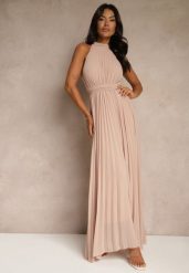 Jasnoróżowa Plisowana Sukienka z Kopertowym Dekoltem i Gumką w Talii Dimitris. Czerwone sukienki Renee, m, bez wzorów, z materiału, bez kołnierzyka, bez ramiączek, maxi, kopertowe. Za 149.99 zł.