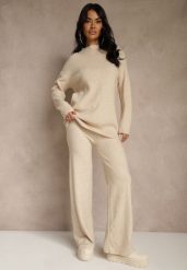 Beżowy Komplet z Wełną i Bawełną Szerokie Spodnie i Sweter o Długim Kroju Reilissa. Brązowe swetry Renee, l, bez wzorów, z bawełny, bez ramiączek. Za 139.99 zł.