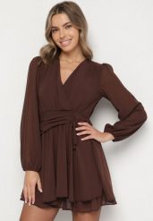 Brązowa Rozkloszowana Sukienka z Siateczki z Kopertowym Dekoltem Zenessa. Brązowe sukienki Born2be, l, bez wzorów, z materiału, bez kołnierzyka, bez ramiączek, mini, kopertowe. Za 149.99 zł.