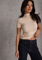 Jasnobeżowy Wiskozowy T-shirt o Dopasowanym Kroju z Golfem Isomina. Brązowe t-shirty Renee, m, bez wzorów, z materiału, bez kołnierzyka, bez ramiączek. Za 59.99 zł.