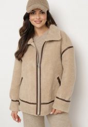 Beżowa Kurtka Oversize z Futerka Typu Baranek z Wysokim Kołnierzem z Paskiem z Klamrą Torisha. Brązowe kurtki Born2be, l, bez wzorów, z jeansu, eleganckie, bez kaptura. Za 289.99 zł.