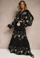 Czarny Wiskozowy Komplet Boho z Koszulą o Nietoperzowym Kroju i Spódnicą Separia. Czarne koszule Renee, l, z aplikacjami, z materiału, boho, bez kołnierzyka, bez ramiączek. W wyprzedaży za 167.99 zł.