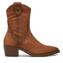 Kowbojki Caprice. Brązowe botki Caprice, bez wzorów, bez obcasa, na słupku, bez zapięcia. Za 299.99 zł.