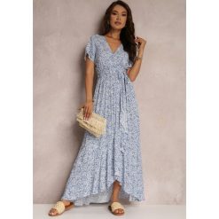 Niebieska Rozkloszowana Sukienka z Wiązanym Paskiem i Ozdobną Falbanką Holm. Niebieskie sukienki Renee, na co dzień, l, bez wzorów, eleganckie, bez kołnierzyka, bez ramiączek, rozkloszowane. W wyprzedaży za 75.99 zł.