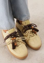 Żółte Sneakersy Typu Klasyczne Tenisówki Retro z Podwójnym Wiązaniem z Frędzlami Kotena. Żółte trampki Renee, bez wzorów, z jeansu, casualowe, bez zapięcia. Za 99.99 zł.