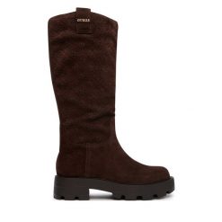 Kozaki Guess. Brązowe kozaki Guess, z aplikacjami, bez obcasa, na płaskiej podeszwie, bez zapięcia. Za 824.99 zł.