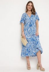 Niebieska Sukienka W stylu Boho z Gumką w Pasie i Chwostami Wornima. Niebieskie sukienki Born2be, l, bez wzorów, boho, bez kołnierzyka, bez ramiączek, midi. Za 119.99 zł.
