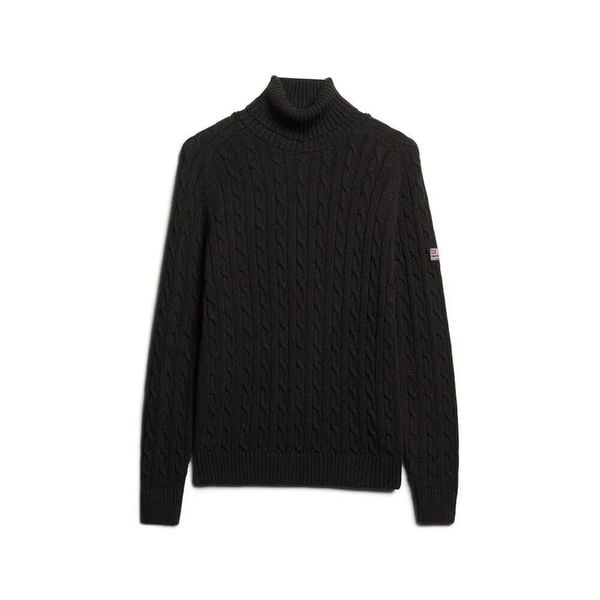 Sweter na plecionce z golfem damski Superdry. Czarne swetry Superdry, na zimę, xs, bez wzorów, ze splotem, bez ramiączek. Za 313.00 zł.