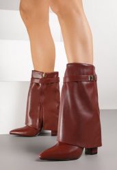 Bordowe Botki na Słupku z Cholewką Imitującą Nogawkę i Aplikacją Tulmarea. Czerwone botki Born2be, z aplikacjami, z jeansu, eleganckie, bez obcasa, na obcasie, bez zapięcia. Za 169.99 zł.