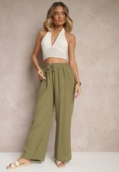 Ciemnozielone Spodnie o Szerokim Kroju High Waist Edilisea. Zielone jeansy Renee, l, bez wzorów, z jeansu, biznesowe, z podwyższonym stanem. W wyprzedaży za 29.99 zł.