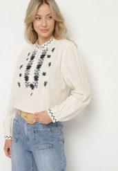 Beżowa Koszula z Bawełny ze Stójką i Guzikami Zdobiona Haftem Gonithiel. Brązowe koszule Born2be, l, z aplikacjami, z bawełny, eleganckie, bez kołnierzyka, bez ramiączek. W wyprzedaży za 101.99 zł.