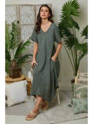 Lin Passion Lniana sukienka w kolorze khaki rozmiar: 40/42. Brązowe sukienki Lin Passion, bez wzorów, ze lnu, klasyczne, bez kołnierzyka, bez ramiączek, maxi. Za 217.02 zł.
