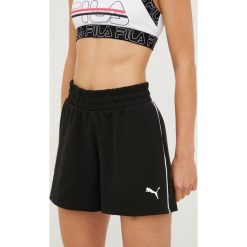 Puma szorty treningowe Modern damskie kolor czarny z nadrukiem high waist. Czarne szorty sportowe Puma, bez wzorów, ze skóry, z podwyższonym stanem. Za 149.99 zł.