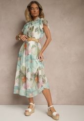 Jasnozielona Rozkloszowana Sukienka Zdobiona Wiązaniem i Paskiem z Klamrą Sorisse. Zielone sukienki Renee, na spacer, l, z aplikacjami, eleganckie, bez kołnierzyka, bez ramiączek, maxi, rozkloszowane. Za 139.99 zł.