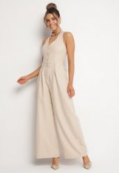 Beżowy Kombinezon Taliowany Ozdobiony Guzikami Niladwenna. Brązowe sukienki Born2be, m, bez wzorów, eleganckie, bez kołnierzyka, bez ramiączek. W wyprzedaży za 118.99 zł.