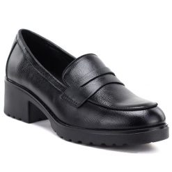 Półbuty damskie mokasyny na obcasie czarne Potocki SZ12870. Czarne mokasyny POTOCKI, bez wzorów, ze skóry ekologicznej. Za 139.99 zł.