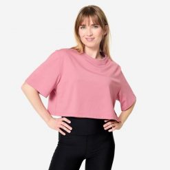 Koszulka damska Domyos Gym & Pilates crop. Fioletowe t-shirty sportowe DOMYOS, m, bez wzorów, z bawełny, bez ramiączek, na fitness i siłownię. Za 34.99 zł.