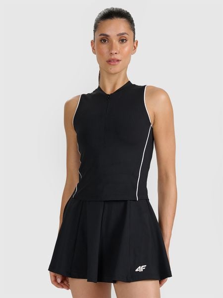 4F Top tenisowy slim szybkoschnący damski - czarny S. Czarne topy sportowe 4f, s, bez wzorów, z elastanu, na fitness i siłownię. Za 99.99 zł.