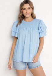 Jasnoniebieska Bluzka z Wiskozą o Trapezowym kroju z Falbankami i Elastyczną Wstawką Dorlimi. Niebieskie bluzki Born2be, bez wzorów, z jeansu, eleganckie, bez kołnierzyka, bez ramiączek. Za 89.99 zł.
