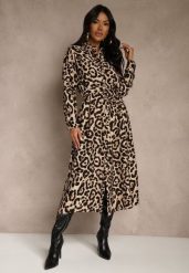 Panterkowa Sukienka z Wiskozą o Koszulowym Kroju z Wiązaniem Saros. Sukienki Renee, na randkę, l, bez wzorów, z tkaniny, bez kołnierzyka, bez ramiączek, maxi, koszulowe. Za 109.99 zł.