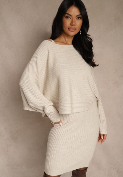 Ciemnobeżowy Prążkowany Komplet z Dzianiny Sukienka Bodycon i Sweter Nietoperz Wediana. Brązowe swetry Renee, m, bez wzorów, z dzianiny, eleganckie, bez ramiączek. Za 139.99 zł.
