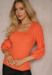 Pomarańczowy Sweter Ozdobiony Cyrkoniami i Tłoczonym Wzorem Tanaes. Brązowe swetry Renee, s, z aplikacjami, z jeansu, casualowe, bez ramiączek. Za 59.99 zł.