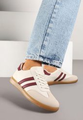 Beżowo-Bordowe Sneakersy Typu Kultowe Tenisówki Zdobione Przeszyciami Remiana. Brązowe trampki Renee, z aplikacjami, z jeansu, eleganckie, bez zapięcia. W wyprzedaży za 55.99 zł.