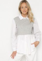 Szara Rozkloszowana Bluzka Koszulowa z Wiskozą z Wszytą Kamizelką z Cyrkoniami Uliaviela. Szare bluzki Born2be, bez wzorów, z jeansu, eleganckie, bez kołnierzyka, bez ramiączek. W wyprzedaży za 76.49 zł.