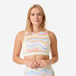 Góra kostiumu kąpielowego surfingowego damska Decathlon Carla Vivetta. Białe bikini Decathlon, bez wzorów, z elastanu, sportowe. Za 119.99 zł.