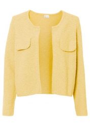 Kardigan z przędzy bouclé. Żółte swetry bonprix, bez wzorów, klasyczne, bez ramiączek. Za 127.99 zł.