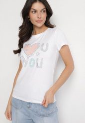 Biały Bawełniany T-shirt z Sercem i Napisem Olirwenna. Białe t-shirty Born2be, m, bez wzorów, z bawełny, bez kołnierzyka, bez ramiączek. Za 49.99 zł.