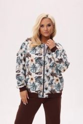Kurtka bomberka Tropikalna Natura we wzór egzotycznych roślin z brązowymi ściągaczami PLUS SIZE XXL OVERSIZE JESIEŃ. Brązowe kurtki Moda Size Plus Iwanek, na jesień, plus size, bez wzorów, z bawełny, eleganckie, bez kaptura. Za 269.90 zł.